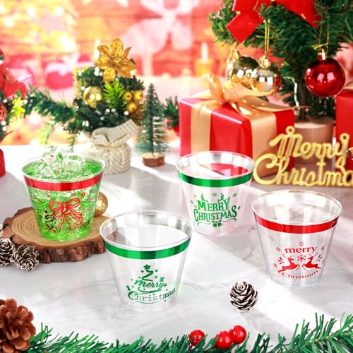 Image of 100 Pcs Christmas Party Cups,9Oz Merry Christmas Plastic Cups,Heavy Duty Christmas Tree Bell Deer Clear Disposable Plasitc Tumblers Wine Cup for Xmas Party,Holiday,Birthday