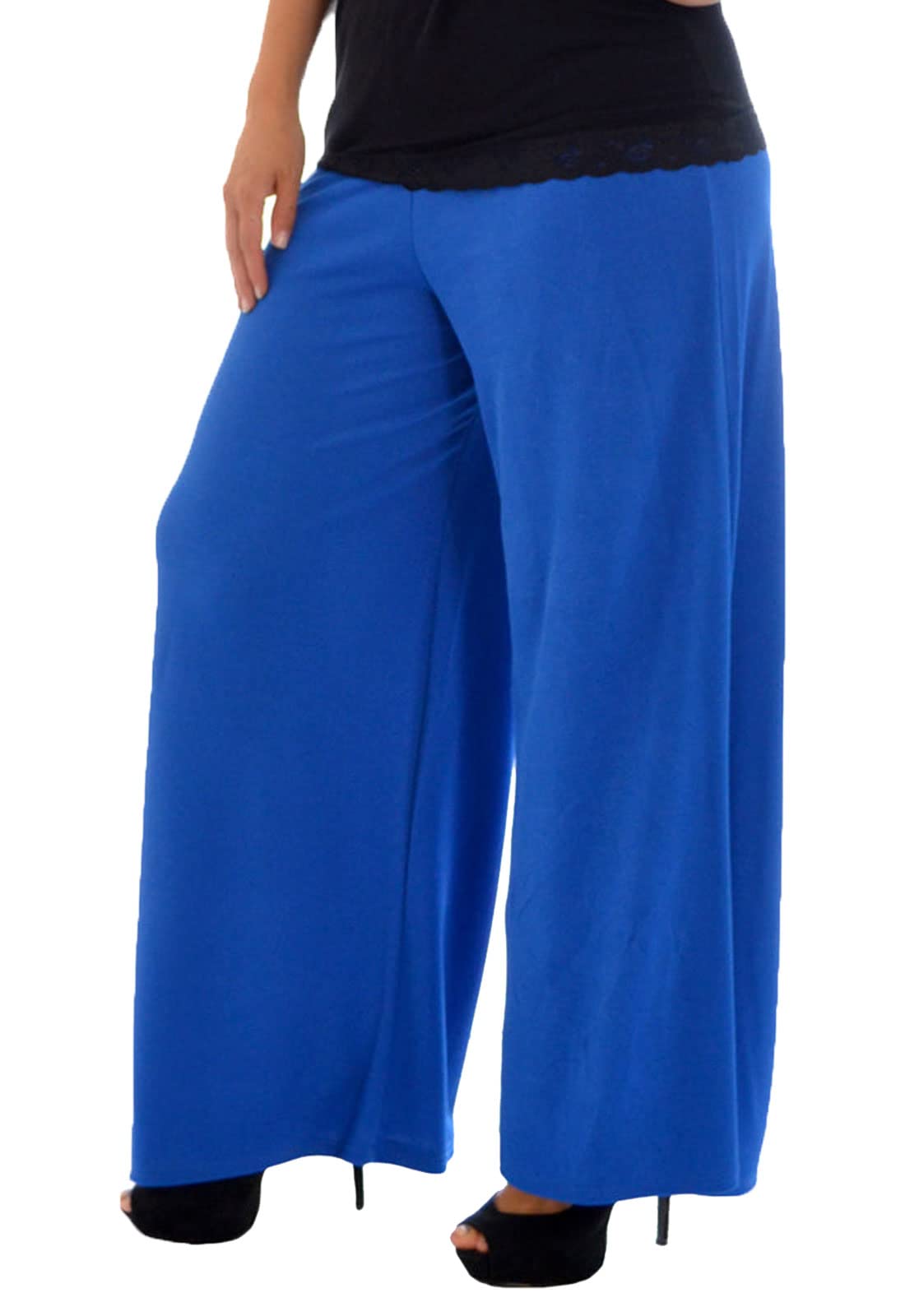 FAIRY BOUTIQUE Ladies Plain Printed Wide Leg Crepe Palazzo Trousers Womens Plus Size Casual Flared Pants Blue 28-30