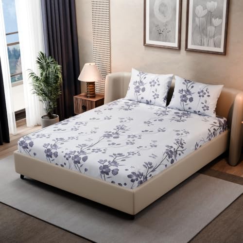 Image of BLISSHOME SoftTouch 140TC Cotton King Size Fitted Bedsheet with 2 Pillow Covers, Silky Smooth Bedding Set, Breathable, Easy Maintain, Floral Print - Violet (182cm x 198cm x 25cm Drop)