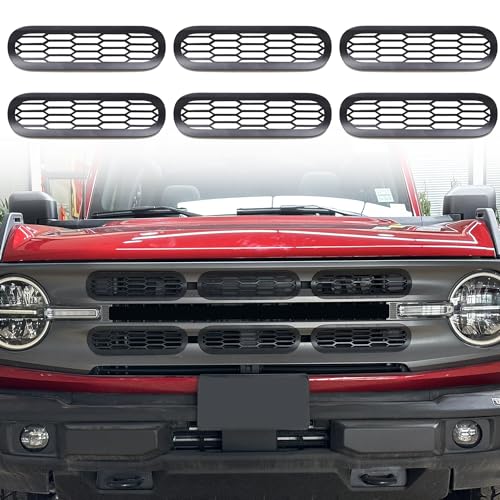 Image of sukemichi Front Grille Mesh Grill Inserts for 2021 2022 2023 2024 2025 2026 Ford Bronco Big Bend Outer Banks Exterior Accessories 2 Door 4 Door, 6 Pack, Black
