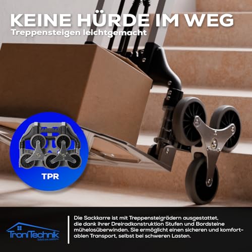 Tronitechnik® Sackkarre Handkarre klappbar für Treppen, Transportkarre bis 75kg - Karre für Pakete, Transportwagen für Pakete, Gepäck und Einkauf - Vollgummireifen, höhenverstellbar