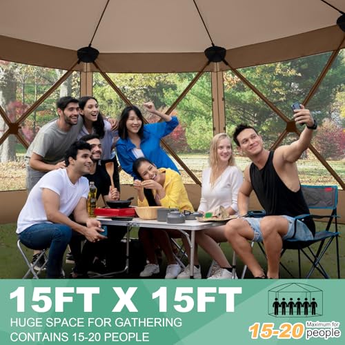 Image of COBIZI 15x15 FT Pop Up Gazebo - Canopy Tent, Large Gazebos On Clearance,Instant Screened in Gazebo,carpas para Patio,Portable Screen Tents for 12-15 Persons Outdoor Camping, Backyard,Khaki