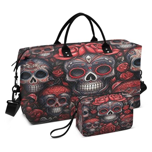 Flower Pattern Red Skulls Sports Swim Gym Bag Weekender Duffel Travel Bags Handbag with Makeup Storage Bag for Girls Men