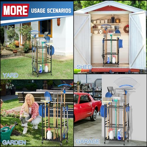 Image of DAOUTIME Garden Organizer With Wheels, Yard Tower Rack for Garage Storage, Up to 35 Long-Handled Tools, Sturdy Metal Steel Holder With 3 Hooks, Outdoor, Black (Gray, 1 Pack)
