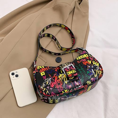 Letter Graffiti Printed Underarm Purse, PU Leather Hip Hop Painted Pattern Shoulder Bag, Vintage Multicolor Crossbody Bag2