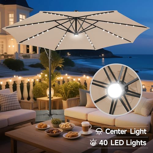 Image of Solar Offset Patio Umbrella - 10 FT Solar Cantilever Umbrella Outdoor with 40 LED Lights and Cross Base, UV Protection for Garden, Deck, Backyard, Pool, Porch, Beige