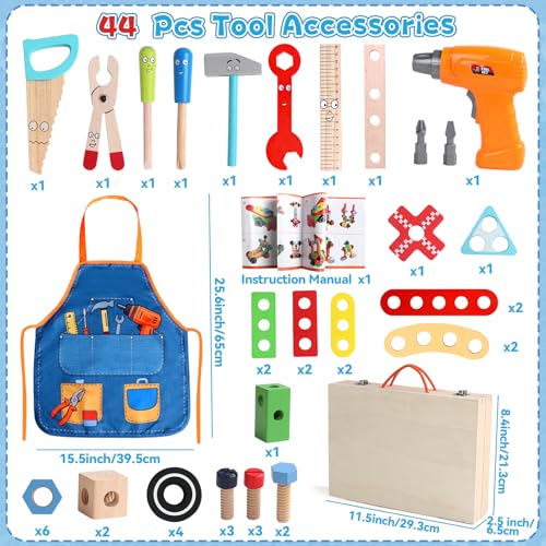 Kids Tool Set with Drill, Educational Montessori Toys for 3 Year Old Boys 44 Pcs STEM Kids Toys Wooden Toddler Tool Set with Apron & Box Birthday Gifts for 3 4 5 Year Old Boy Girl - Image 4