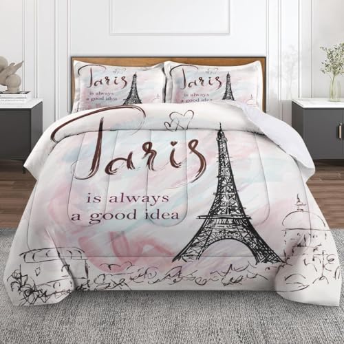 Nesphy Pink Paris Comforter Set for Boy Girl Children Teens King, Modern French Style Romantic Theme Bedding Sets Water Washed Microfiber Bedding with 1 Comforter 2 Pillowcases All Season
