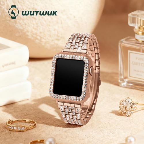 Image of wutwuk Diamond Band with Bling Case Compatible with Apple Watch Bands for Women 42mm, Sparkly Metal Strap with Crystal Protective Bumper for iWatch Series 11 10, 42mm Rose Gold | Fits iWatch Bands Series 11 10 42mm, Stainless Steel Strap for Women Men, Rose Gold