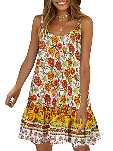 Womens Boho Beach Dress - Floral Spaghetti Strap Sleeveless V Neck A line Swing Casual Sundress Beachwear Yellow