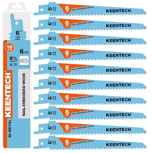 KEENTECH 6 Inch Bi-Metal Reciprocating Saw Blade 10-Pack for Fast Wood Demolition, 6 TPI, Fits Milwaukee Sawzall and Other Reciprocating Saws