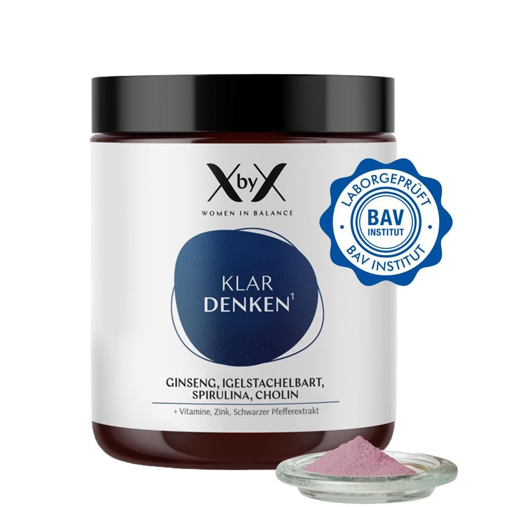 XbyX Klar Denken 90 g | 30 Portionen | Unterstützt Denkleistung, Fokus und Konzentration | Enthält Adaptogene Ginseng, Igelstachelbart & Spirulina | B-Vitamine, Cholin und Zink | Aus Deutschland