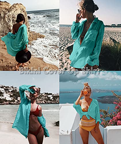 Image of Zoye Chen Women's Bikini Swimsuit Cover Up Button Down V Neck Shirts Long Sleeve Blouse Beachwear Bathing Suit