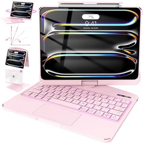 Image of Intermerge for iPad Pro 13(M5,2025 / M4,2024) Case with Keyboard Clear,360 Rotatable Multi-Touch Trackpad,7-Color Backlit Magnetic Keyboard Case with Pencil Holder and Type-C Charging - Pink