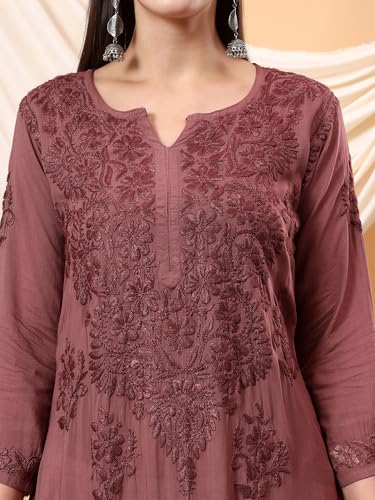 Image of POSHAK CHIKAN STUDIO Women's Hand Embroidered Lucknowi Chikankari Modal Straight Long Kurta, heer