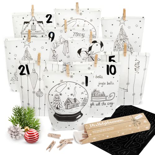 Amari ® Calendario de Adviento para rellenar - Bolsas de Adviento para hacer en Navidad - Bolsa de papel con pegatinas de números para regalos - Calendario de Navidad para pegar tú mismo Cover