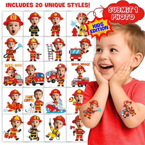 Image of Custom Firefighter Temporary Tattoos for Kids, Set of 20 | Personalized Pre-Cut Face Photo, Birthday Party Favors, For Boys & Firefighter Lovers, Unique Celebration Gifts