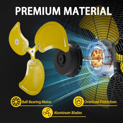 Image of AZOUTDOOR 20 inch Wall Mount Fan, 7000 CFM High Velocity Industrial Wall Fan with 3-Speed Setting, 120 Oscillating Mounted Fans for Warehouse, Workshop, Garage, Patios, Commercial Use ETL Listed, Yellow