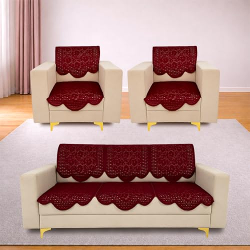 Image of Homerz Premium 'Surya Series' Sofa Cover | Stylish Sofa Protector | Net Fabric | Anti-Stain & Washable Slip Cover Exact Size Antislip (Flower Valley Maroon, 5 (3+1+1) Seater, Seat Cover with Backrest)