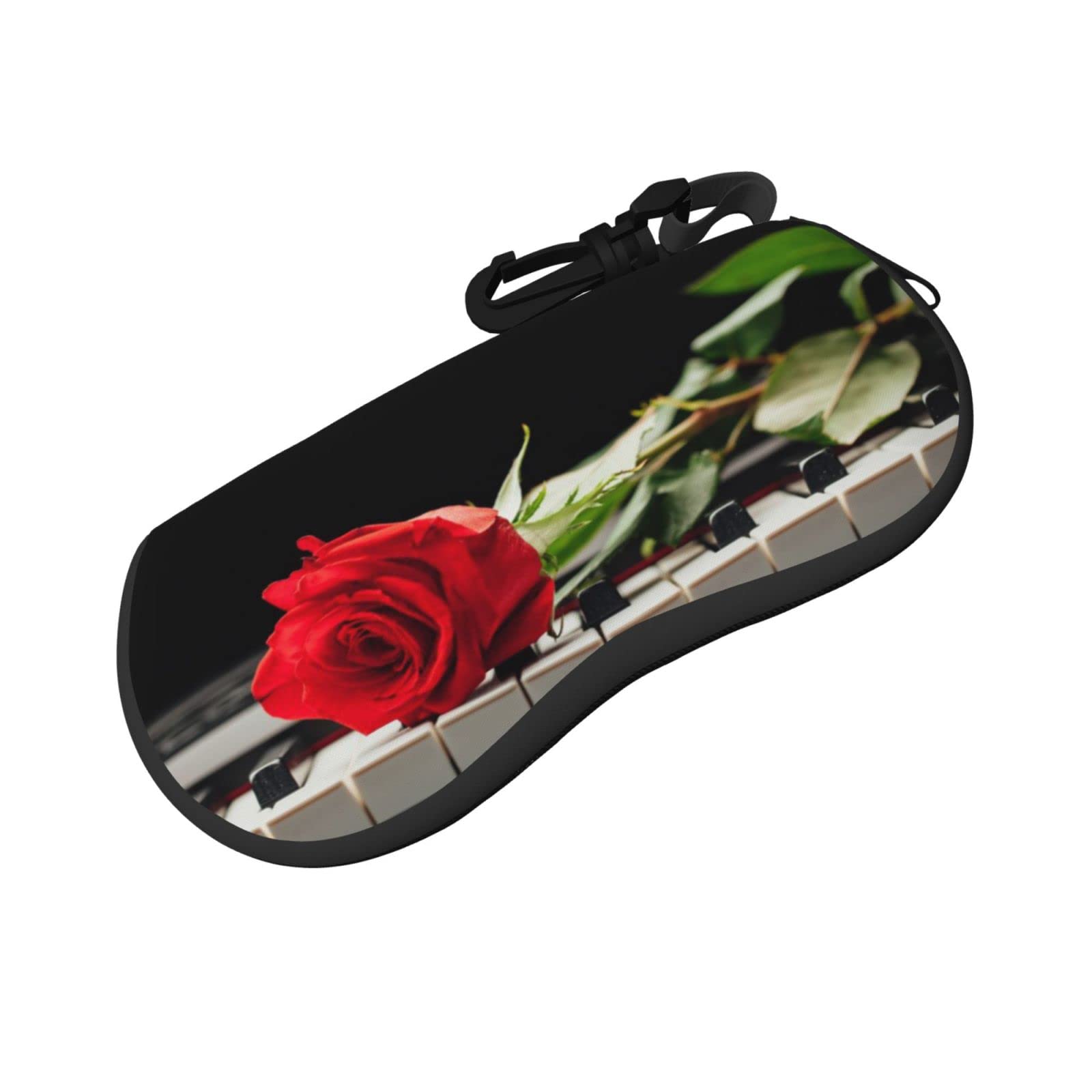 ASEELO Glasses Case Red Rose on Piano Eyeglass Case Soft Sunglasses Case Neoprene Zipper Glasses Pouch for Women Men