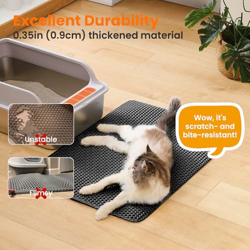 Image of Cat Litter Mat, 30x22 Inches Extra Large Honeycomb Double Layer Cat Litter Trapping Mat, Non Slip Waterproof Urine Proof Cat Litter Box Mat, Kitten Supplies and Essentials, Black