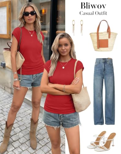 Image of Bliwov Womens Summer Tops Cap Sleeve Crew Neck Casual T Shirts