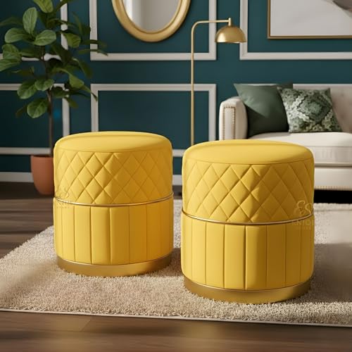 Image of ENIQE STORE Set of 2 Round Velvet Ottoman Footstool Gold Base - Tufted Upholstered Pouffe Stool for Living Room, Bedroom & Dressing Area (Yellow)