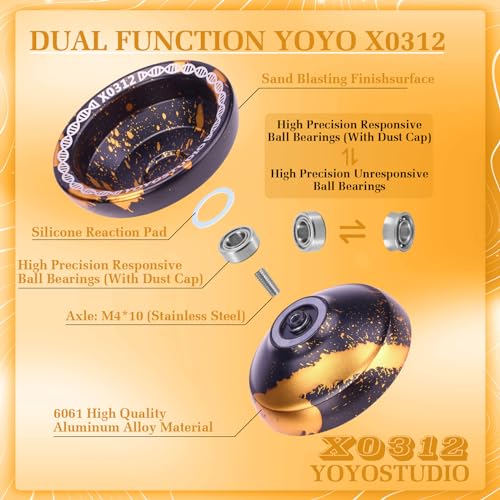 yoyostudio yoyo professional responsive yoyo x0312 for kids beginner dual purpose fingerspin yo yo for adults with unresponsive yoyos bearing kit 10 yo-yo strings case amp glove - black and gold