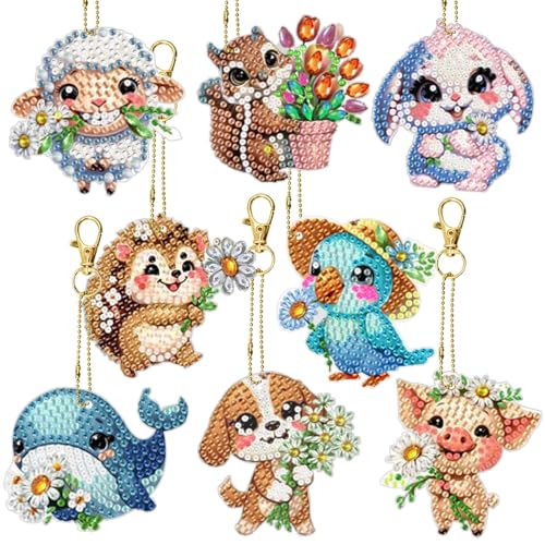 FineGood 8 Pcs Kits de Peinture en Diamant d'Animaux Mignons 5D, Kits de Porte-clés en Diamant Art avec Cristaux et Attrape-rêves à Suspendre DIY