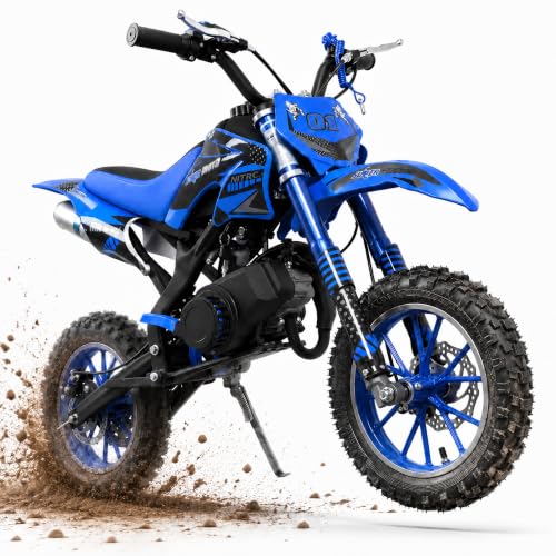 Image of 50cc Dirt Bike, 2 Stroke Gas Mini Bike for Kids 8-14 with Front Rear Disc Brakes, 10 Inch Off-Road Tires, Shock Absorption, Seat Height 23.6in, Max Speed 40mph, 2026 Upgraded,Blue