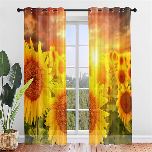 Hiseng 2 Pezzi Tende Voile Trasparente Interni Decorativi Girasole Giallo Sheer Tenda per Camera da Letto Finestre Porta Cucina Soggiorno, Semi Trasparente Tende (55x95cm,Tramonto Arancione)