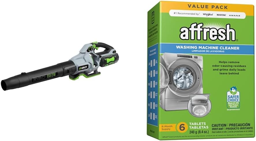 EGO Power+ LB6504 650 CFM Variable-Speed 56-Volt Lithium-ion Cordless Leaf Blower 5.0Ah Battery & Affresh Washing Machine Cleaner, 6 Month Supply, Cleans Front Load and Top Load Washers