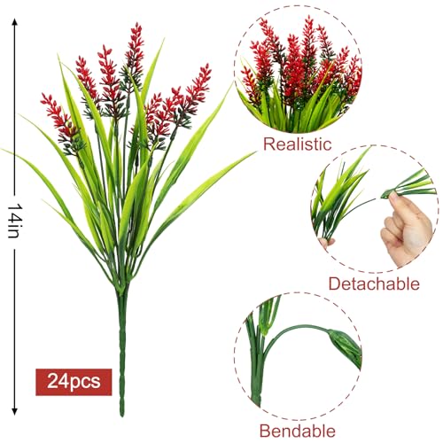 Image of 24 Bundles Artificial Flowers for Outdoors Fake Lavender, Red | UV resistant, plastic faux lavender with monkey grass, outside planter window box garden patio front porch home decor