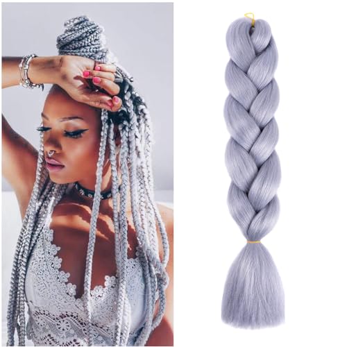 Braiding Hair Silver Grey Braid Hair Extensions for Box Braids Hot Water Setting High Temperature Synthetic Fiber (A40-1Pack)