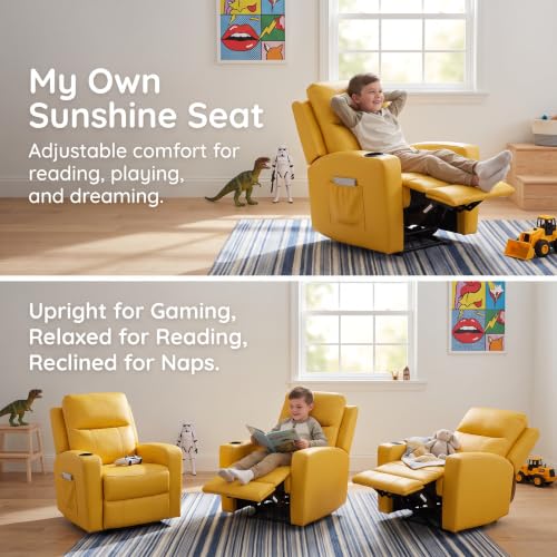 Image of 23 inch W PU Leather Recliner Chair with Cup Holder and Recline, Yellow | Mini Recliner Chair Comfort with Adjustable Footrest & Backrest, Youth Boys Girls Recliner for Reading, Gaming, TV, Lounging