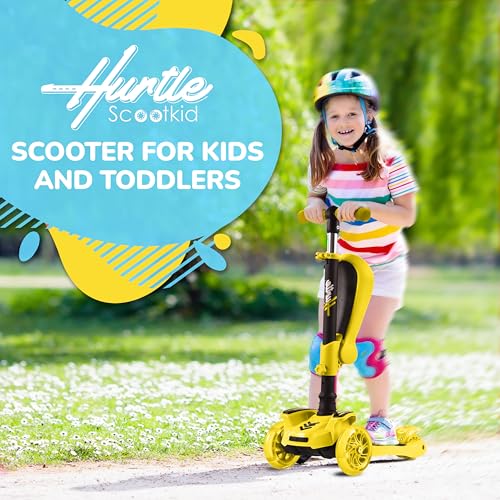 Image of Hurtle 3-Wheeled Scooter for Kids - Wheel LED Lights, Adjustable Lean-to-Steer Handlebar, and Foldable Seat - Sit or Stand Ride with Brake for Boys and Girls Ages 1-14 Years Old