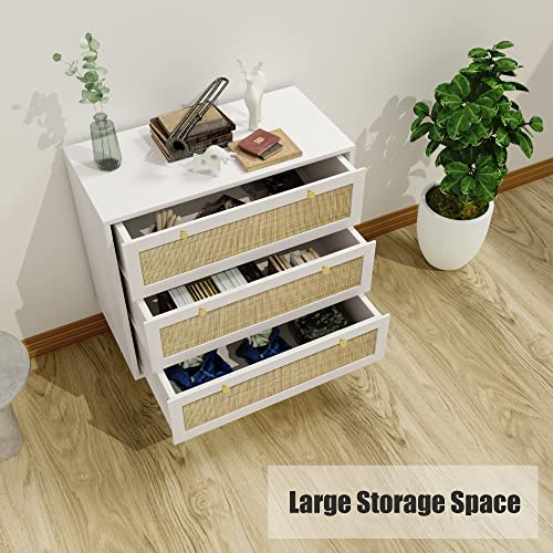Anmytek White Dresser for Bedroom with 3 Drawers, Modern Wood 3 Drawer Dresser, White Chest of Drawer with Spacious Storage Rattan Dresser for Bedroom Living Room H0072 - Image 3