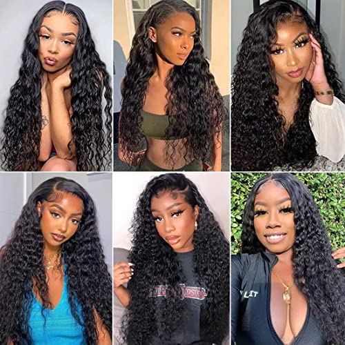 Image of Lace Front Wigs Human Hair Water Wave 13x4 Lace Frontal Wigs for Women Wet and Wavy Lace Front Wigs Deep Wave Human Hair Wigs Pre Plucked Natural Black Color 180 Density 28 Inch