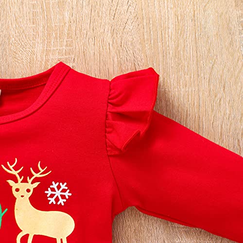 Pasgeboren baby meisje Mijn eerste kerst outfit lange mouwen shirt top + lange broek + hoofdband 3-delig kledingset herfst winter warme kleding 1e kerstfeest geschenken, rood-hert., 3-6 Maanden - Afbeelding 5
