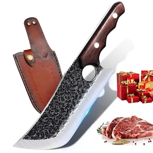 DRGSKL Hand Forged Meat Cleaver Knife Fathers Butcher Knives for Meat Cutting Full Tang Chef Knife with Belt Sheath and Gift Box High Carbon Steel for Kitchen or Camping, Gift for Dad