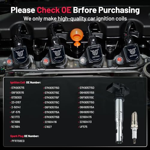 Image of BDFHYK Ignition Coil Pack UF575 and Iridium Spark Plug PFR7S8EG Compatible with Audi A3 A4 A5 A6 Q5 Quattro 2011-2017 Volkswagen Jetta Tiguan Golf GTI Passat Audi Oem Coil Pack 2.0L l4 Set of 4