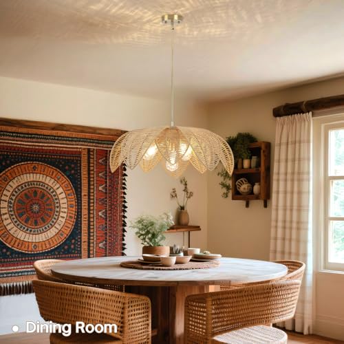 Image of 25 inch Large Rattan Boho Chandelier, 4-Light Hand-Woven Wicker Pendant Light, Farmhouse Coastal Hanging Lighting Fixture for Dining Room, Kitchen Island, Living Room, Bedroom & Foyer