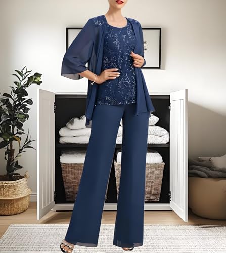Chiffon Applique 3/4 Sleeve 3 Piece Mother of The Bride Pantsuits for Wedding Guest Formal Occasions with Jackets2