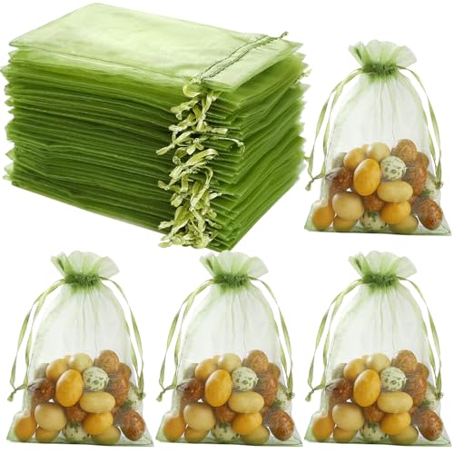 Image of Hopttreely 100Pcs Organza Bags - 4 x 4.72 inch Candy Mesh Gift Bags, Olive Green Satin Drawstring Organza Pouches for Jewelry, Watch, Small Christmas Sachet