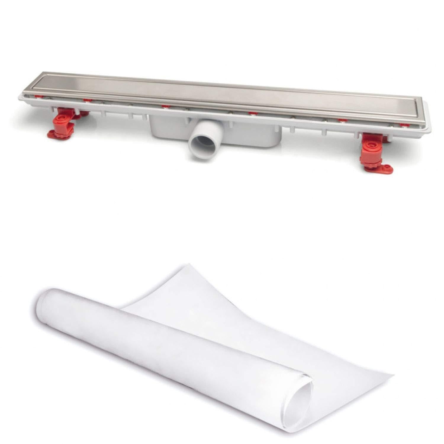 Canaleta con rejilla para plato de ducha de obra, modelo S-659 Linnum, altura reducida, sifón de 30x50 mm, con lamina impermeabilizante, color cromo y blanco (referencia: Jimten 313447)