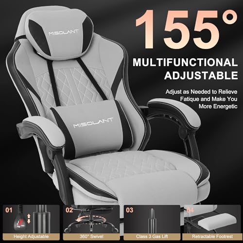 Image of Misolant Gaming Chair, Fabric Gamer Chair with footrest for Adults, High Back Ergonomic Computer Game Chair with Adjustable Headrest and Massage Lumbar Support, 90-155 Recline Free, Gray