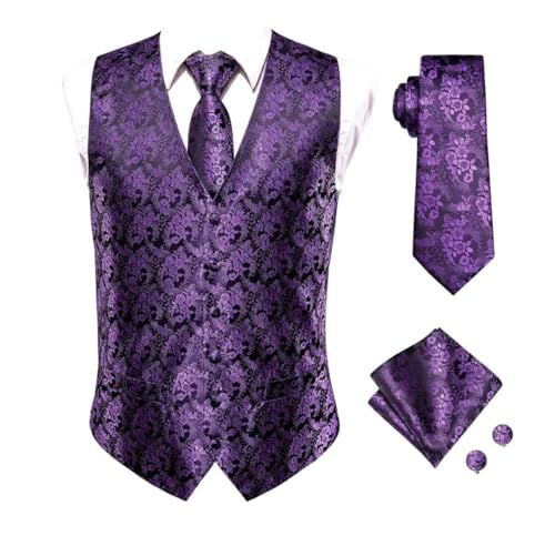 Men's Silk Waistcoat Set Including Tie Hanky and Cufflinks for Groomsmen Party or Business Suit
