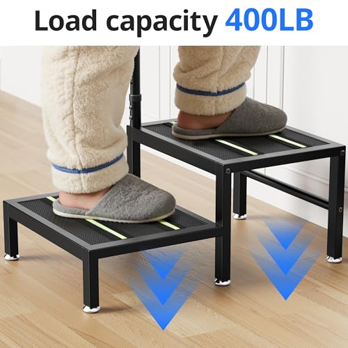 Image of 2 Step Stool with Handle, Heavy Duty Step Stool for Elderly and Adults, Adjustable Handrail with Non-Slip Platform, Bedside Steps for High Beds, Kitchen and Bathroom
