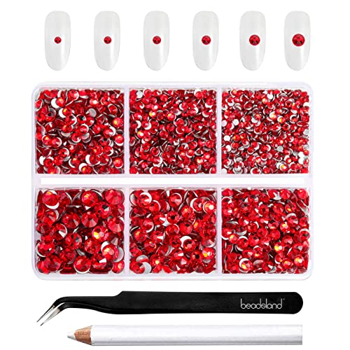 Beadsland 4300pcs Flatback Rhinestones,Light Red Rhinestones Nail Gems Round Crystal Rhinestones for Crafts,Mixed 6 Sizes with Picking Tweezers and Wax Pencil Kit