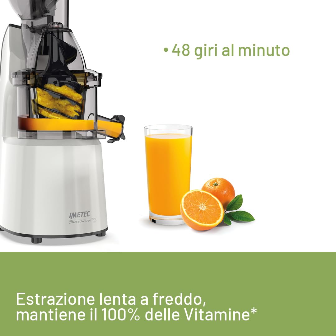 Imetec Succovivo Pro 2000, Estrattore di Succo, Spremitura a Freddo 48 Giri/Min, 100% Vitamine, Filtro per Succhi, Filtro Succhi con Fibre, Cestello per Sorbetti, Ricettario
